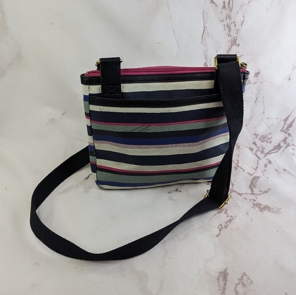 Fossil Eliza Black Multi Stripe Crossbody Messenger Bag Purse Pink Dots Stripes - Picture 2 of 16